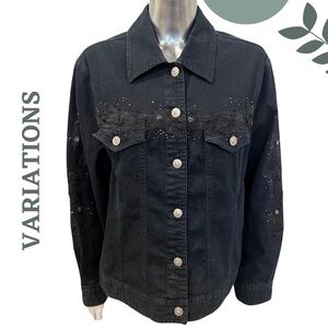 Variations Black Denim Jacket with Lace & Rhinestone Detail Size Medium